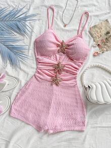 Soleia Women's Sexy Metal Decor Hollow Out Camisole Romper, Summer - Baby Pink - View 5