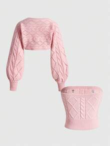 ROMWE Kawaii 2pcs/Set Sweet Pink Embroidered Tie-Up Decor Soft Knit Sweater Set - Tube Top + Short Cardigan, Christmas & New Year - Pink - View 8