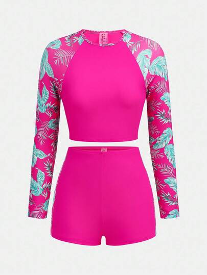 SHEIN Conjunto de traje de baño con top de manga raglán y shorts con estampado de plantas tropicales para adolescentes