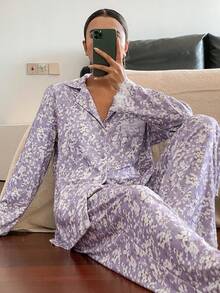 DAZY Romantic Floral Lace Trim Pajama Set For Women, Winter Clothes - Purple - View 4