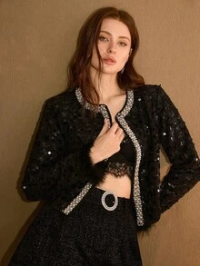 MOTF PREMIUM FASHIONABLE FAUX PEARLS, SEQUIN, BEAD, EMBROIDERY & FEATHER DETAIL OPEN FRONT JACKET - Black - View 6