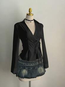 Elamini 性感立领侧边系带修身长袖女式衬衫 - 黑色 - 查看 3