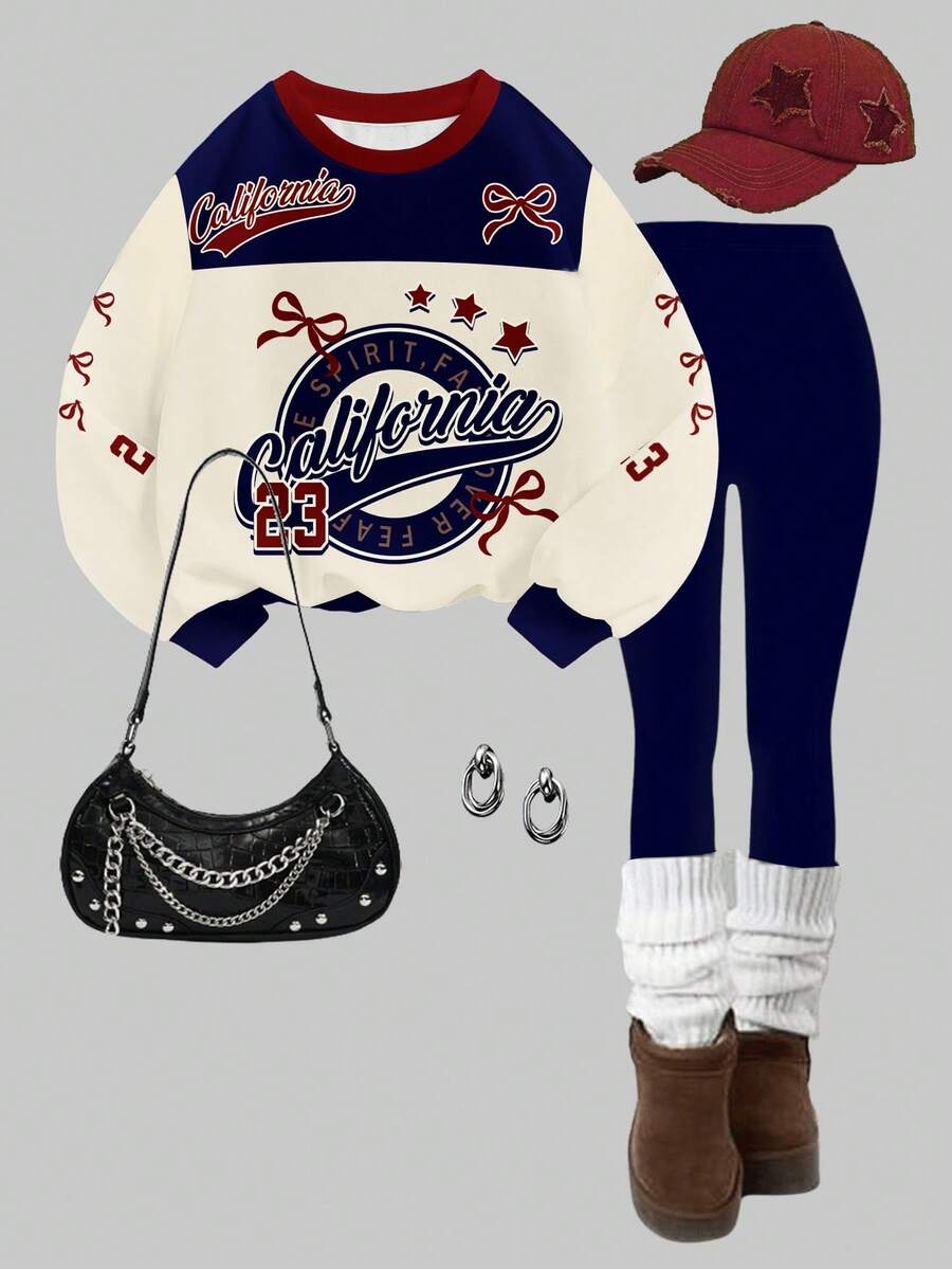 Slaydiva Conjunto de sudadera de cuello redondo y leggings de estilo casual de calle para mujer, con estampado de bloques de color, adecuado para ropa de calle/sudadera de béisbol de invierno, atuendo de día de juego, atuendo de béisbol, ropa de EE. UU., atuendo de EE. UU.