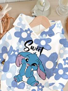 SHEIN Happikins 2pcs/Set Kawaii Cartoon Blue Rabbit Stitch Pattern, Retro Blue Ombre Floral, Baby Girl Casual Loose Letter Graphic Pullover Sweatshirt Sweatshirt And Pants Set, Sweet Casual, Cozy Season, Autumn & Winter Outfits For Outing, Easy Comfort, Autumn & Winter Layers For Baby & Girls, Stylish Girls, Casual Wear, Baby Girl Graphic Tops, New Style, Fall New Style, Winter Fashion - Multicolor - View 4