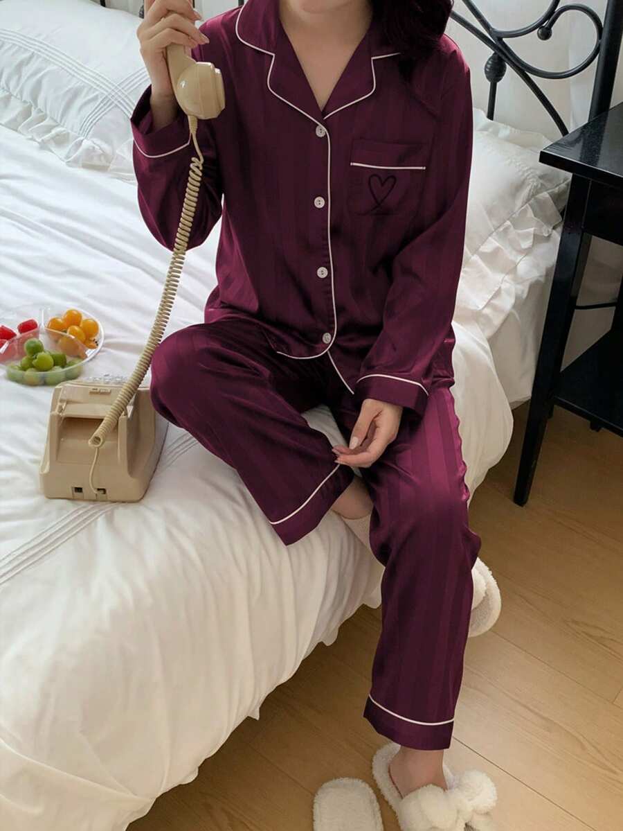 Teen GirlMinimalist Casual Champagne Twill Fabric Heart Embroidery Long Pants & Long Sleeve 2 Pieces Pajama Set - Burgundy - View 1