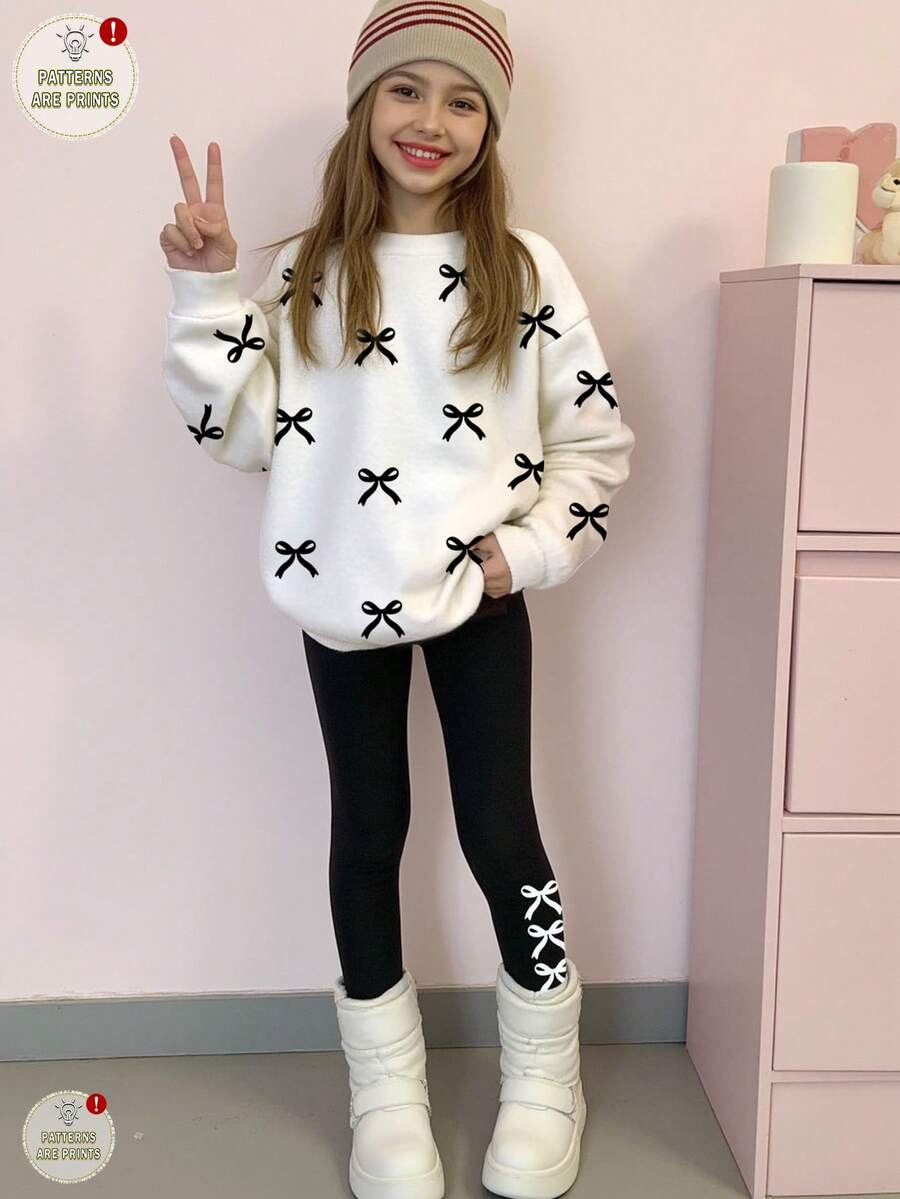 SHEIN Leap Crew Bộ 2 quần nỉ dài tay cổ tròn thoải mái kèm quần legging nơ trang trí thường ngày cho bé gái tuổi teen, phù hợp cho mùa thu/đông - Nhiều màu - Xem 1