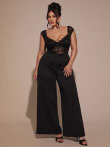 SHEIN BAE Plus Size Women Elegant Lace Patchwork Wide Leg Pants, Long Trousers, Autumn/Winter, Plus Size Valentines - Black - View 4