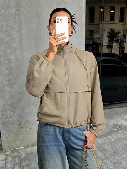 SHEIN Tall Chaqueta ligera de manga larga de color caqui informal con bolsillos, adecuada para el otoño