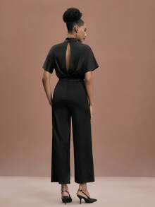 JIAN LASALA Mock Neck Batwing Sleeves Wide Leg Open Back Black Satin Jumpsuit Women Elegant Party Christmas Flare Jumpsuit Black Jumpsuit For Women Wide Leg Jumpsuit Curve Jumpsuit Elegant Jumpsuits - Black - View 2