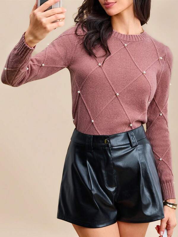 SHEIN Clasi Women's Winter Diamond-Textured Sweater Top With Pearl Embellishments, Round Neck, Suitable For Vacation, Parties, Music Festivals, Home Wear, Back-To-School Events, As A Gift, And For Shopping,Fall Sweaters,Elegant Woman Clothing,Basic Top