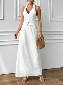 RueChic Button Front Blazer Vest, Vest-Jacket With & Skirt, Halter Neck Vest - White - View 6