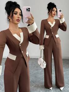 SHEIN Elenzya Women's Elegant Brown Contrast Color Casual/Office/Formal Suit Set, Autumn - Brown - View 1