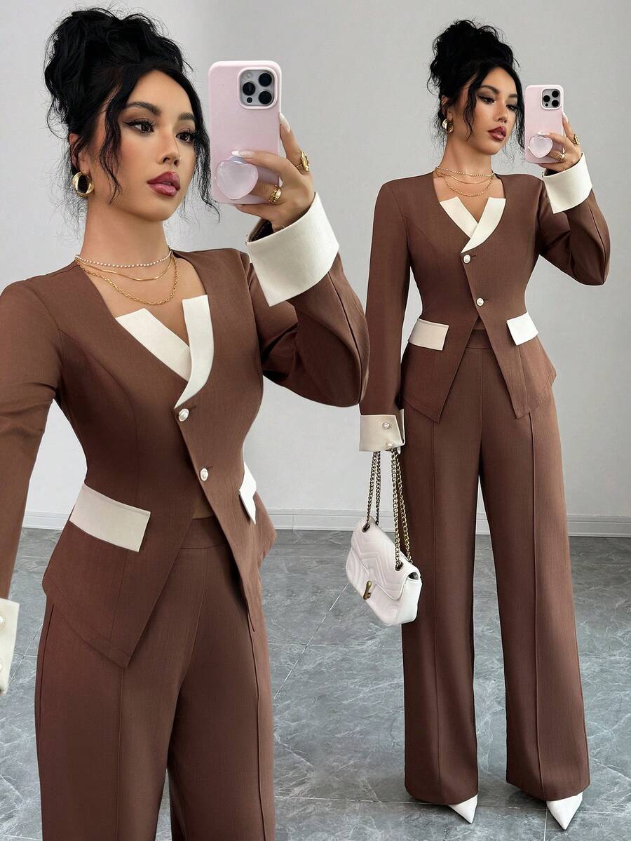 SHEIN Elenzya Women's Elegant Brown Contrast Color Casual/Office/Formal Suit Set, Autumn - Brown - View 1