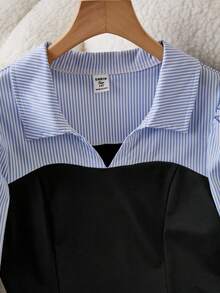 SHEIN Blusa a righe e patchwork per giovani donne, maniche a palloncino, polsini a maniche a lanterna, adatta per pendolarismo quotidiano, casual, vacanze in primavera e autunno