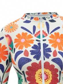 Swim SPRTY Women's Summer Round Neck Long Sleeve Zipper Design One-Piece Swimsuit, Printed Board Vacation Beach Bestselling Monokini Rash Guard Swimsuit Women Long Sleeve Bathing Suit Women Bathing Suits For Women Boho Swim Shirt For Women Long Sleeve Bikini Colorful Bathing Suit Boho Swimsuit Floral Long Sleeve Swimsuit - Multicolor - View 9