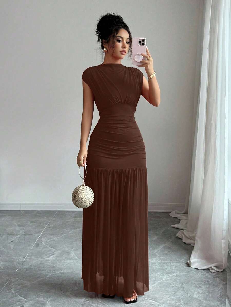 Elenzga petite 时尚新款纯红色高领无袖性感镂空网眼拼布褶皱 A 字连衣裙，适合毕业派对、节日活动、约会 - 棕色 - 查看 1