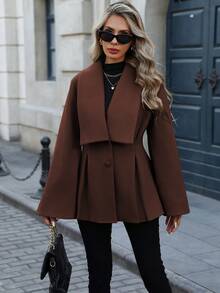 EMERY ROSE Women's Elegant Commuter Casual French Style Turndown Collar V-Neck Double-Breasted Open Front A-Line Pleated Flare Sleeve Loose Cuff Long Sleeve Woolen Coat, Suitable For Spring, Autumn And Winter - Rust Brown - View 4