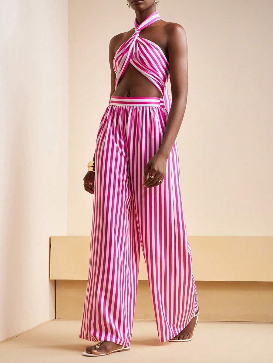 Zivah Pink And White Striped,Summer,Casual,Vacation,Holiday Backless Halter Sling Long Wide Leg Jumpsuit Music Festival Beach Bohemian Tropical Travel - Hot Pink - View 1