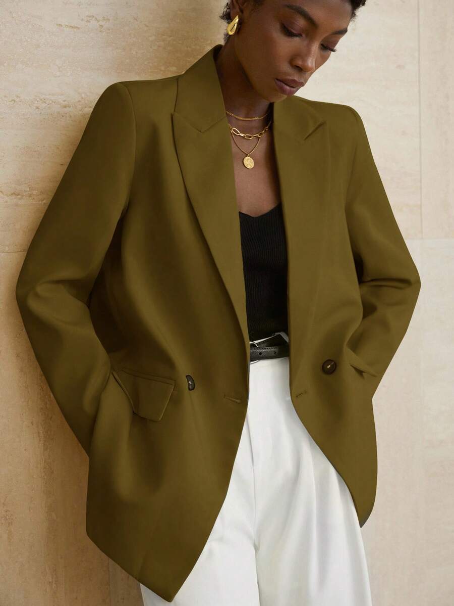 Aveloria Modichic Women's Business Style Solid Color Double-Breasted Blazer Jacket For Commuting, Autumn  - Green - View 1