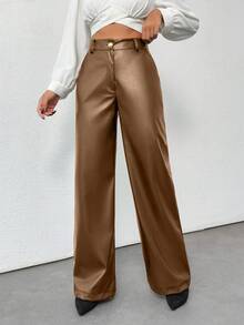 SHEIN Tall Prive Gold Button Detailed Straight Fit Leather Pants, Tall Women - Beige - View 6
