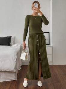 EURMUSE Women Solid Color Round Neck Drop Shoulder Long Sleeve Casual Knit Sweater And Skirt Co-Ord Set - Olive Green - View 2