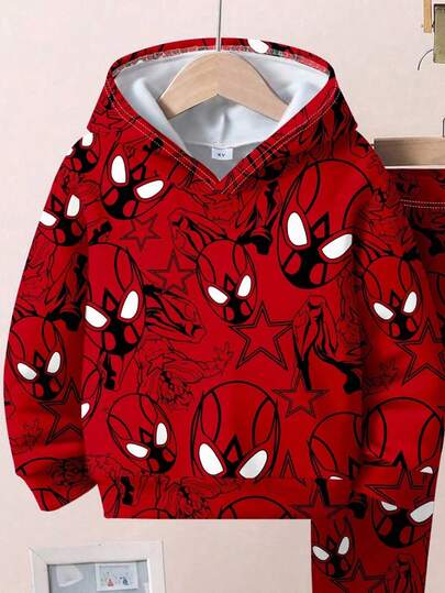 SHEIN 2 件套年轻男孩宽松休闲怪异蜘蛛网印花面具图案舒适连帽衫运动衫 + 裤子，适合秋冬季