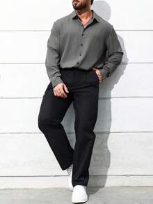 Manfinity Homme 大尺碼男士休閒純色長袖襯衫 灰色男士長袖襯衫 男士正裝襯衫 男士休閒長袖襯衫 儀式正式場合 - 深灰色 - 查看 3