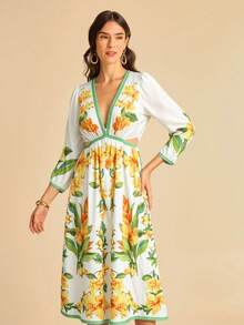 CAJUNI Women's Casual Vacation Tropical Plant Floral Green Leaf Yellow Green Beige V-Neck Hollow Out Long Sleeve Mid-Length Dress, Suitable For Dates, Elegant Graduation Dress, Outdoor Dress, Tropical Dress, Summer Dress With Sleeves, Resort Wear Women, Tropical Vacation Dress, Sundress With Sleeves - Yellow - View 3