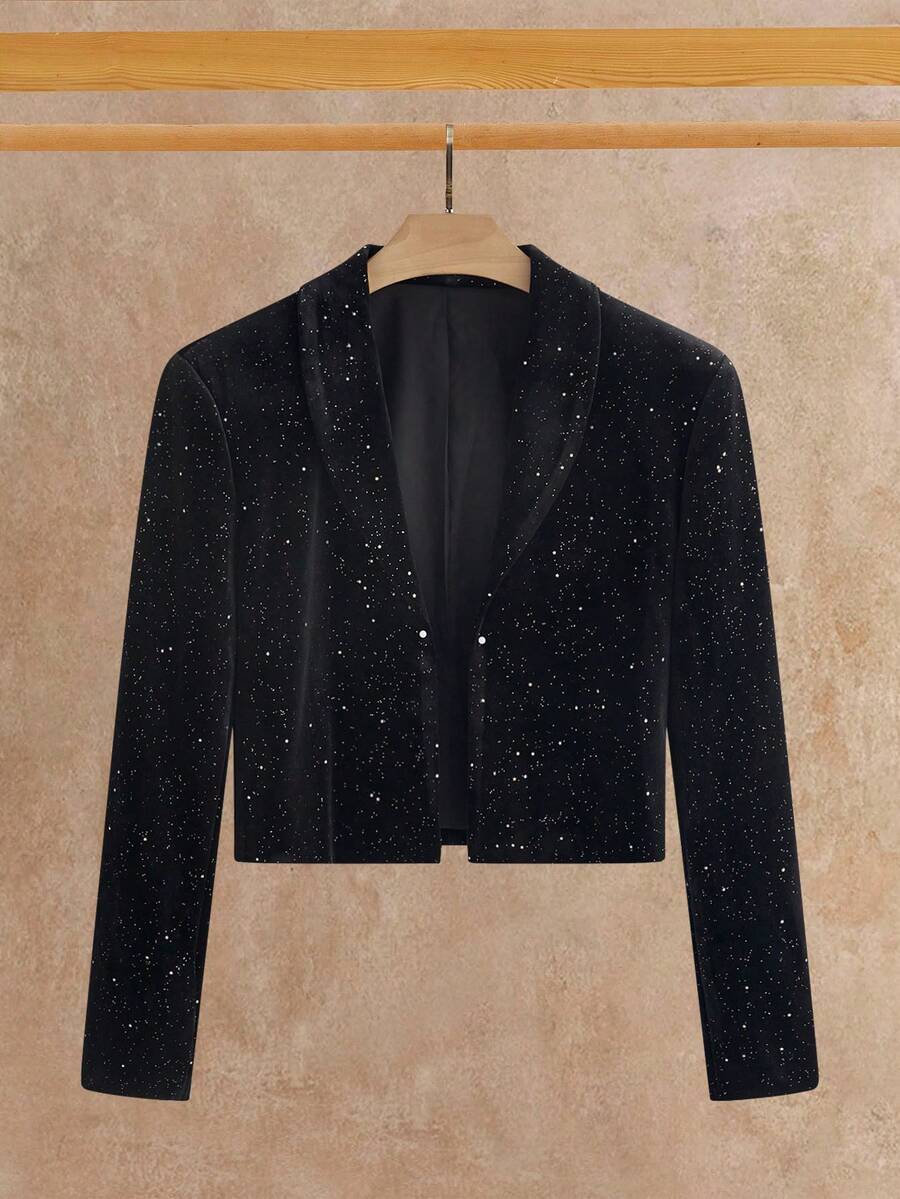 HIMLAND 男士休闲金箔披肩领派对西装外套舞会短款黑色闪亮西装外套，婚礼
