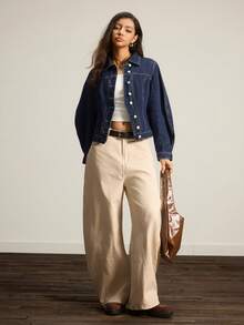 Easelle 女士休闲通勤弯袖牛仔夹克 - 深色水洗藍 - 查看 4