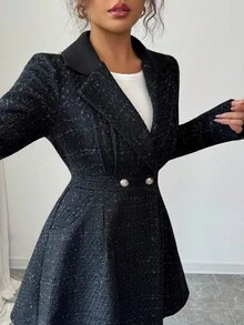 SHEIN PETITE 女士优雅A字收腰通勤夹克，适合工作和日常穿着 - 黑色 - 查看 3