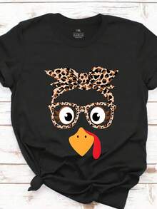 EMERY ROSE Plus Size Turkey Face With Leopard Glasses Graphic Tee Round Neck Short Sleeved T-Shirt