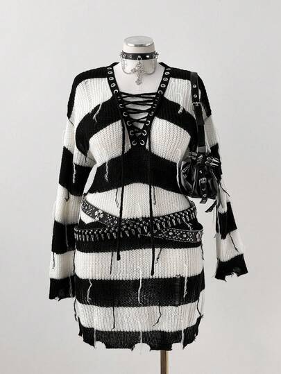 Sunspun Loose Casual Striped Contrast Color Distressed Sweater Dress, Autumn/Winter