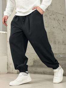 Manfinity Homme Plus Size Solid Color Loose Casual Cargo Pants With Pockets - Black - View 5