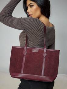 CUCCOO SZL 1 件，大容量绒面 PU 底大包，简约，休闲，时尚流行，女士单肩托特包，酒红色款，适合约会、聚会、上课、通勤和日常使用，秋冬新款女士单肩托特包，最新时尚女士绒面包，与秋季服装完美搭配女士秋季服装 - 酒紅色 - 查看 1