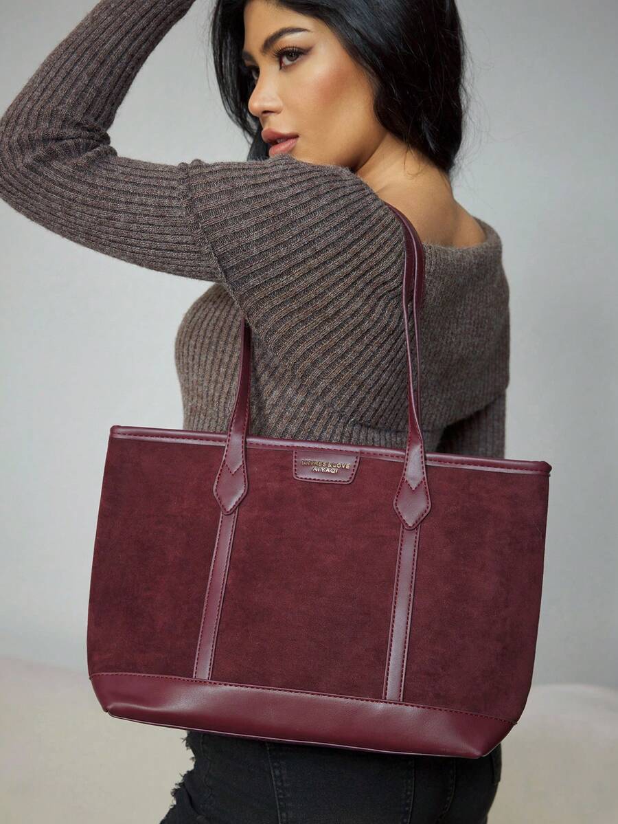 CUCCOO SZL 1 件，大容量绒面 PU 底大包，简约，休闲，时尚流行，女士单肩托特包，酒红色款，适合约会、聚会、上课、通勤和日常使用，秋冬新款女士单肩托特包，最新时尚女士绒面包，与秋季服装完美搭配女士秋季服装 - 酒紅色 - 查看 1