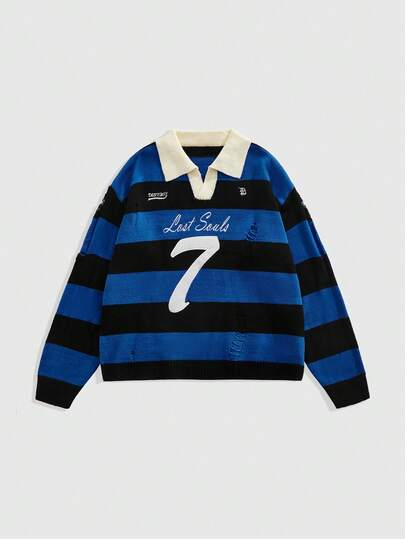 Street Life كنزة صوفية صوفية طويلة الأكمام مطرزة بخطوط، قصيرة وفضفاضة المقاس