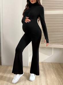 SHEIN Solid Color Turtleneck Tight Flared Maternity Jumpsuit - Black - View 3