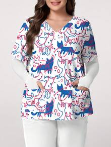 PopScrub 大码女式猫咪卡通数码印花V领短袖口袋工作服上衣，带耳挂和侧开衩，制服款 - 彩色 - 查看 1