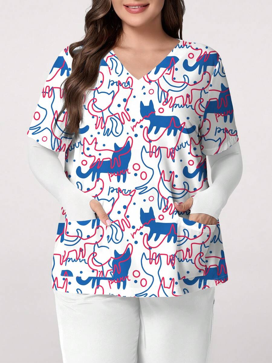 PopScrub 大码女式猫咪卡通数码印花V领短袖口袋工作服上衣，带耳挂和侧开衩，制服款 - 彩色 - 查看 1