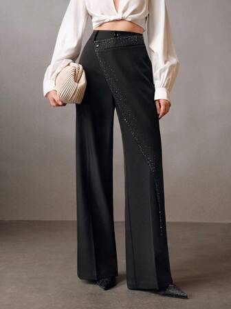 Anewsta Pantalones de mujer con adorno de strass y recorte asimétrico de estilo universitario vintage, adecuados para el trabajo y el transporte