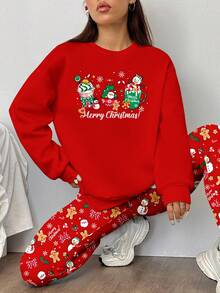 SHEIN EZwear 两件套女士休闲圆领卫衣和打底裤套装，适合秋冬季节，圣诞节、圣诞老人、雪人、姜饼人印花图案。 - 彩色 - 查看 3