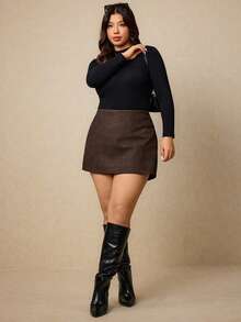 Elaquor Plus Size Women High Waist Fashionable Versatile Skort Brown Spring - Brown - View 7
