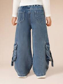 SUMWON Wide Leg Cargo Denim Jeans With Multiple Patch Pockets For Kids - Dark Wash - View 2