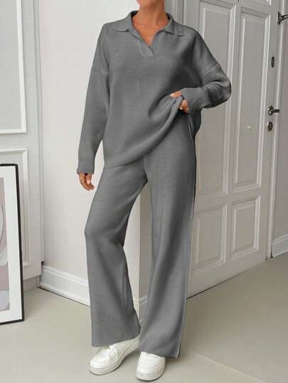 EURMUSE Woman Loose Fit Comfy Warm Thick Polo Neck Sweater And Pants Co-Ords Two Pieces Set