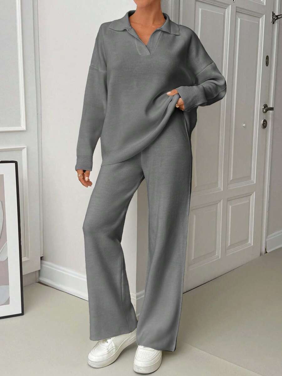 EURMUSE Woman Loose Fit Comfy Warm Thick Polo Neck Sweater And Pants Co-Ords Two Pieces Set - Grey - View 1