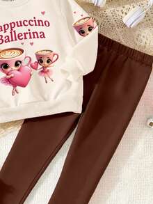 2 Stück/Set Lässiger modischer Cartoon Tasse & Ballett Mädchen Herz Grafik Muster Outfit für Kleine Mädchen, beiger Rundhals Sweatshirt und schwarze Leggings, warmer & bequemer personalisierter Anzug für Mädchen im Herbst/Winter