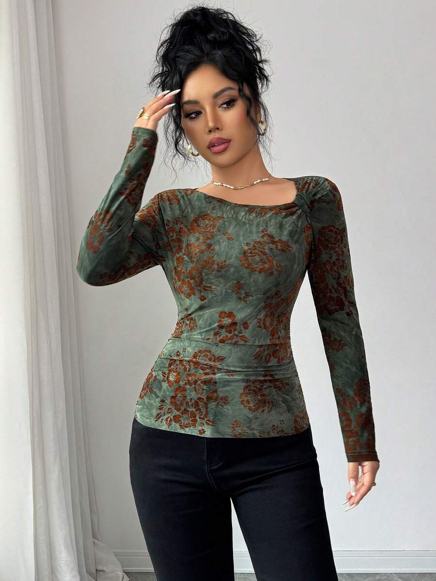 Elenzga 女士不对称领口长袖褶皱提花T恤 长袖上衣 女士薄纱上衣 - 墨綠色 - 查看 1