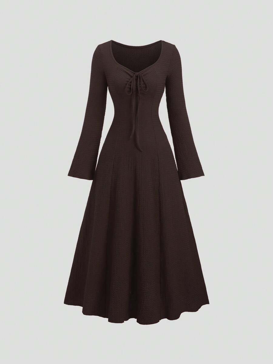 Sweetra 女士时尚甜心领修身喇叭袖收腰长款连衣裙 - 咖啡 - 查看 1