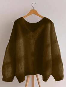 Franclia 新款宽松V领马海毛柔软针织女式毛衣，春季款 - 棕色 - 查看 5